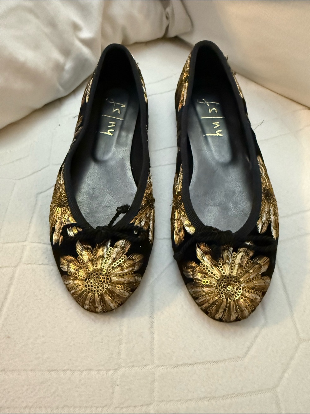 French Sole Black Ballet Flats with Gold Floral Sequin Embroidery size 6.5